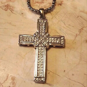 Silver-Tone Chain Necklace Oversized Jeweled Cross